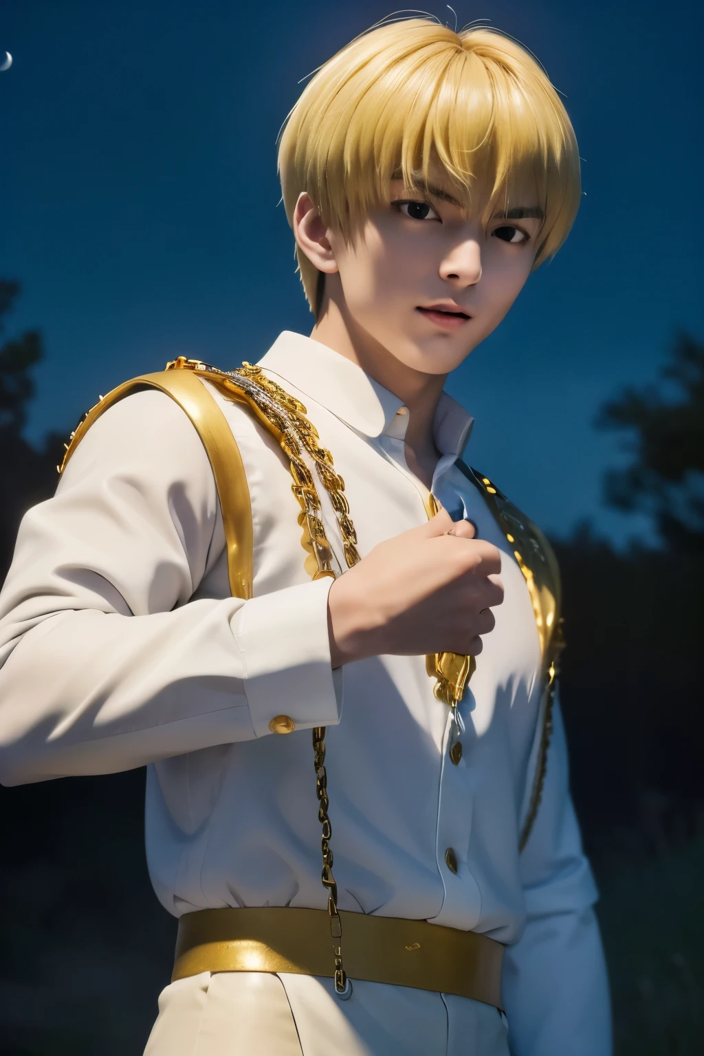 1boy, masterpiece, realistic, absurdres, best quality, high resolution, Kurapika, japanese boy, very handsome, perfect face, cute face, intricate detail, clear and beautiful detailed eyes, messy blonde short hair, shiny hair, bangs, blue tabard, white shirt, white pants, gold trim, holdig a chain, chains flying, slim muscular, handsome muscle, detailed skin, perfect hand, good anatomy, looking at camera, action scene, dynamic pose, playful expression, fantasy, night, tree, Moonlight at night, wilderness, flowers, skynight, studio lighting, soft light, upper body portrait, front view, Professional photography, 8K UHD,