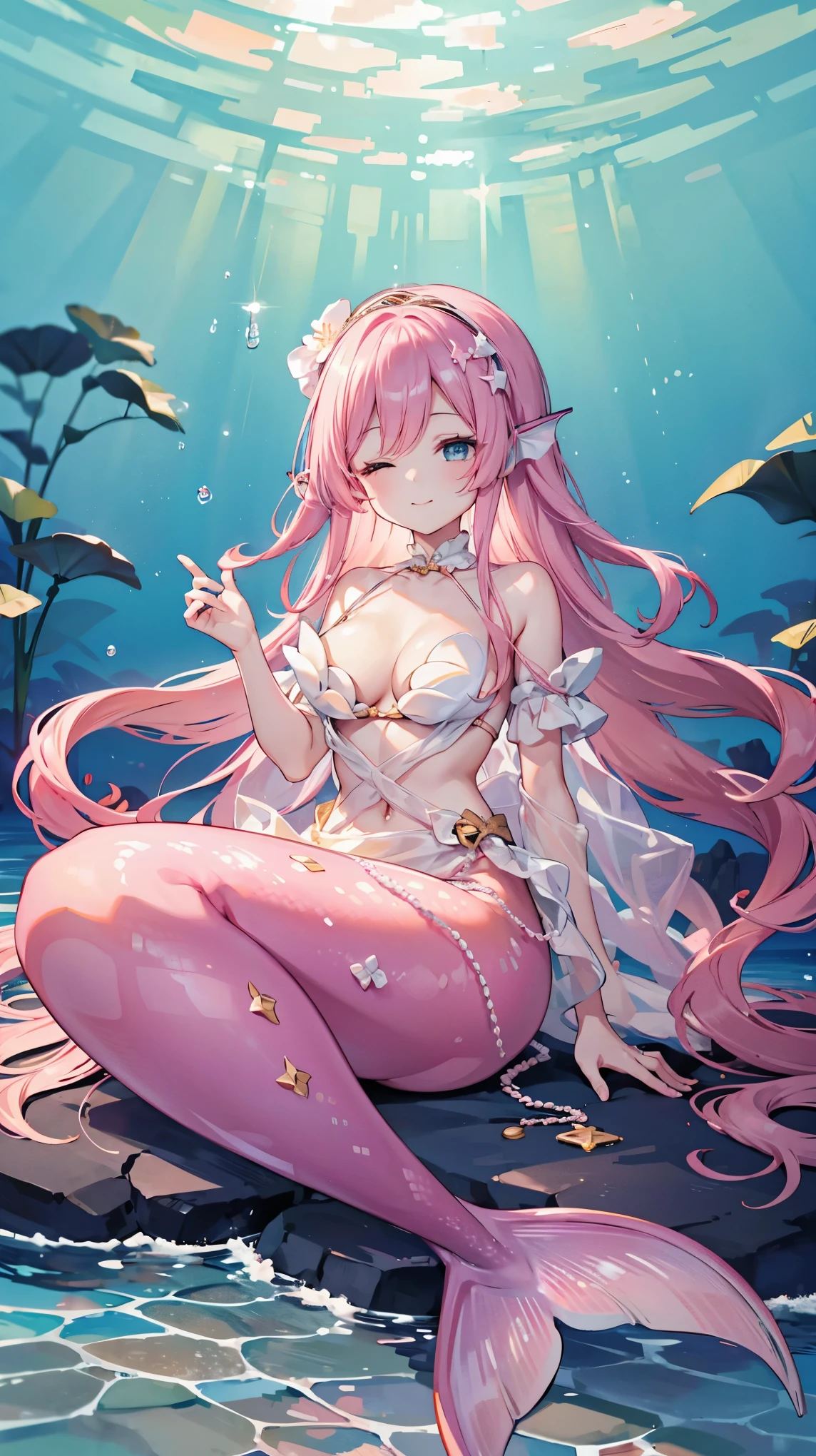 (masterpiece, Best quality),(Full fingers),A girl,Pink Hair,Hair accessories,White Dress,Head fin,Solitary,Big breasts,Mermaid,粉色的Mermaid尾巴,Full body photo,(Underwater:1.2),seabed,charming face(Kawaii, charming,Soft),Smile,With eyes closed,Sitting on the rock,Playing guitar