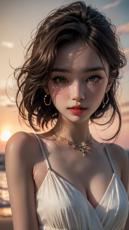 (best quality, masterpiece, colorful, highest detailed), ultra detailed, (intricate details, hyperdetailed:1.15), detailed, (official art, extreme detailed, highest detailed), soft nature lights, soft colors, (natural light, ray tracing, cinematic lighting, bloom, volumetric light), 1girl, solo, Vietnamese, (long shape face, cry, looking up, dark brown eyes, (fluffy cheeks:1.3), high detail skin, real skin, skin texture:1.3), (light purple hair, feathered haircut:1.1), light passing through hair, (pureerosface_v1:1.2), (face, close-up:1.5), (a vibrant sunset in the clouds, with hues of orange, pink, and purple painting the sky, :1.4), (gold polyester cropped tank top, aqua rayon leggings with mesh inserts, boots, handkerchief:1.2), <lora:ReaLora:0.4> <lora:more_details:0.3>