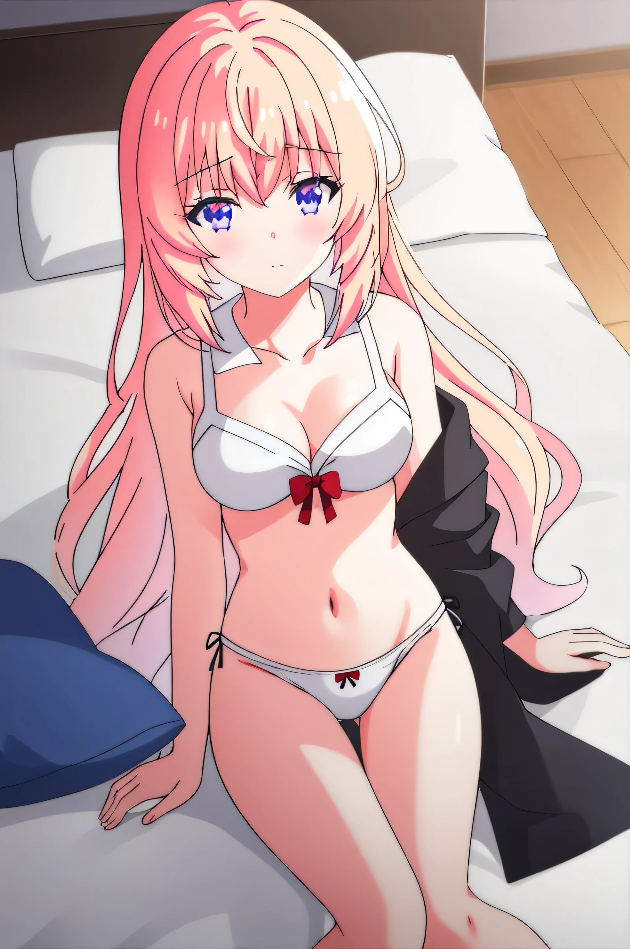 1 girl, masterpiece，underwear, Orange hair, thigh, black_,exist your stomach，Eye， Long_hair, Big breasts,  White Pajamas，Transparent Pajamas，Open pajamas，Bare belly，exist_Back, In the bedroom, rear, bangs, Lysis, blush,Lying on exist bed，White，，White，Whole body love， clavicle，Leg ring，Hairpin，Big breasts，nipple，