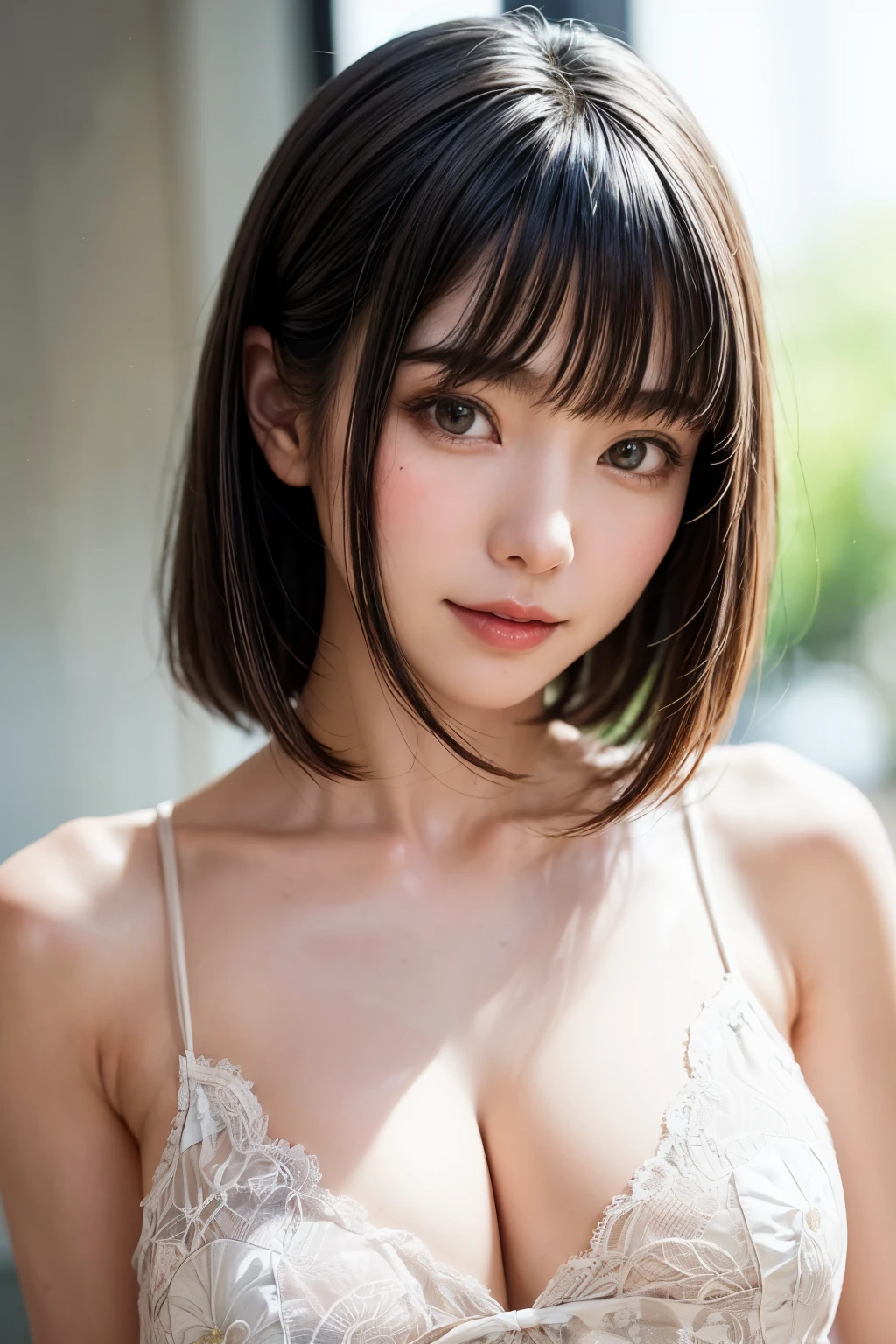 (table top, highest quality、ultra high resolution、face focus focus、focus on the sides、navel focus、decolletage focus、very attractive beauty、Adds intense highlights to the eyes、look closely at the camera:1.4、Absolutely beautiful bangs:1.4、Brunette short bob hair with bangs:1.4),1 girl, Report, black haired, realistic, looking at the viewer, pale black eyes, short hair, lips, lip gloss, Upper body、Big eyes、eyelash)、((italian natural background、hyper real stick:1.4))、((short hair with bangs:1.4、Beautiful bangs with 46 points:1.4、{Huge|big|Hugeな|mega} chest:2, cleavage:2、Big eyes、Give your students very powerful highlights、very bigger chest、look at the audience、very beautiful beauty、show me your ears、beautiful long neck、beautiful decollete、smile、A smilee　beautiful teeth、Open your mouth and smilee))、28 years old、very cute super model、perfect anatomy