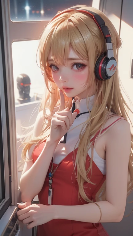 (top view),Dynamic angle,Super detailed, illustration, close up, direct, 1 girl, ((Soryu Asuka Langley, interface headphone, red jumpsuit:1.4, Blonde)),Her eyes shone like fantastic stars,(glowing eyes:1.233),(Beautiful and delicate eyes:1.1),(Poker face,Keep your mouth shut),(permanent), (Mechanical room with tools and spaceship windows in white spaceship), (night:1.2),fantastic, [[slender fingers and hands:0.55]::0.85],(Detail fingers),