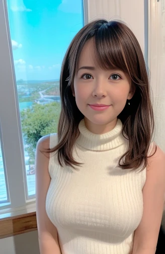 (realistic, highest quality, High resolution, , perfect pixel, 4k,), 1 girl, single, alone, Beautiful woman, 28 years old, whole body, ((detailed face,)), ( light smile:0.5), medium breast, perfect body, (Wavy mid-hair, bangs, brown hair), (sleeveless turtleneck sweater、cute necklace) , in white bedroom, sitting on bed, (Natural light:1.4), dynamic angle, (angle from below),