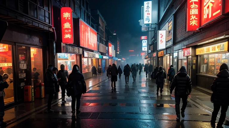 a modern industrial-style Chinese street, detailed city architecture, busy urban street scene, high angle view, cinematic lighting, gritty details, moody atmosphere, rich textures, dramatic shadows, vibrant colors, neon signs, futuristic tech elements, graffiti walls, atmospheric fog, crowded pedestrians, establishing shot