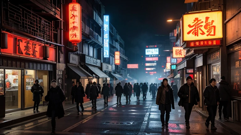 a modern industrial-style Chinese street, detailed city architecture, busy urban street scene, high angle view, cinematic lighting, gritty details, moody atmosphere, rich textures, dramatic shadows, vibrant colors, neon signs, futuristic tech elements, graffiti walls, atmospheric fog, crowded pedestrians, establishing shot