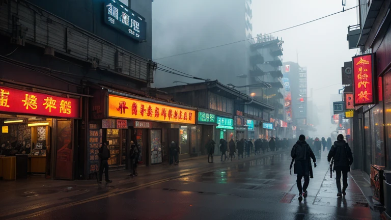 a modern industrial-style Chinese street, detailed city architecture, busy urban street scene, high angle view, cinematic lighting, gritty details, moody atmosphere, rich textures, dramatic shadows, vibrant colors, neon signs, futuristic tech elements, graffiti walls, atmospheric fog, crowded pedestrians, establishing shot