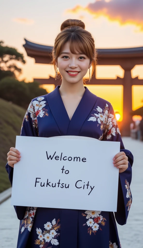 cowboy shot,   front view, Name is Lea Seydoux,  1 French woman, beautiful young England woman,  30-age, (golden hair, chignon , fringe, beautiful dark blue eye, smile), (C cup breasts, wide hip), ( Japanese traditional Dark blue Kimono, kimono's below  flower pattern , White obi with flower pattern ) , White board hold both hands, writing word "Welcome Fukutsu City" front Shinto shrine, The Road of Light , sunset,  , ((super detail, high details, high quality, accurate, anatomically correct, textured skin, beautiful fingers super detail, high details, high quality, best quality))