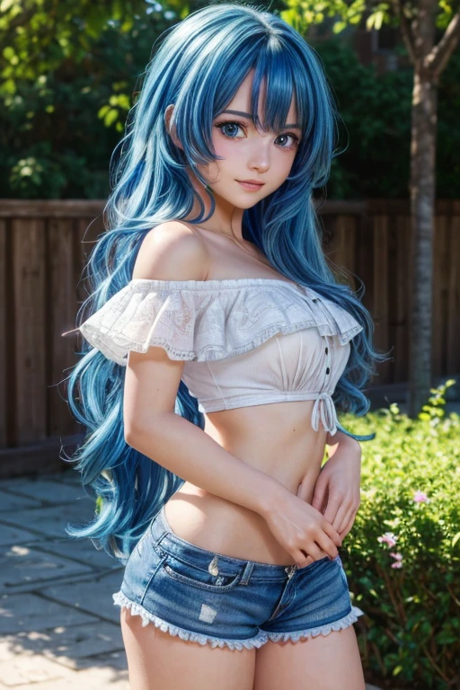 (best quality: 1.2), (high resolution, 4k, 8k), (masterpiece: 1.2), ultra detailed, (realistic, photorealistic: 1.37), yoshino astral dress, (long hair, hair between the eyes, blue hair), Embarrassed Face, blushing, cinematic lighting, (big beautiful blue eyes, bright and realistic), visible features, natural cheek, fair skin, soft lips, smile, teeth, (detailed face with perfect symmetry) , highly detailed facial and skin texture, medium breasts, glowing skin, perfect anatomy, perfectly shaded body, (Cropped: 1.5), Off-the-shoulder neckline, shorts, fishnet stockings, sensual movement, full photo below