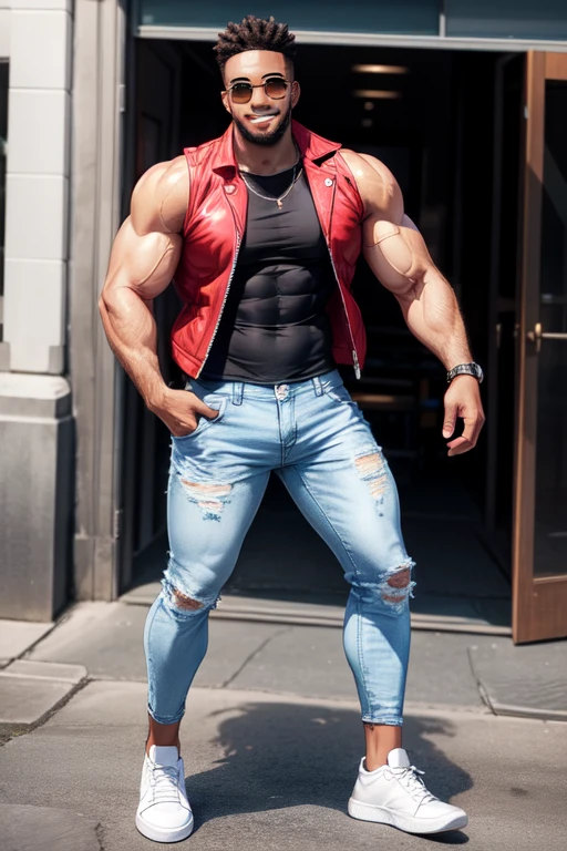 A 3 meter tall man, Bodybuilder Body, Weises Tanktop, Schwarze Jeans, white sneakers.