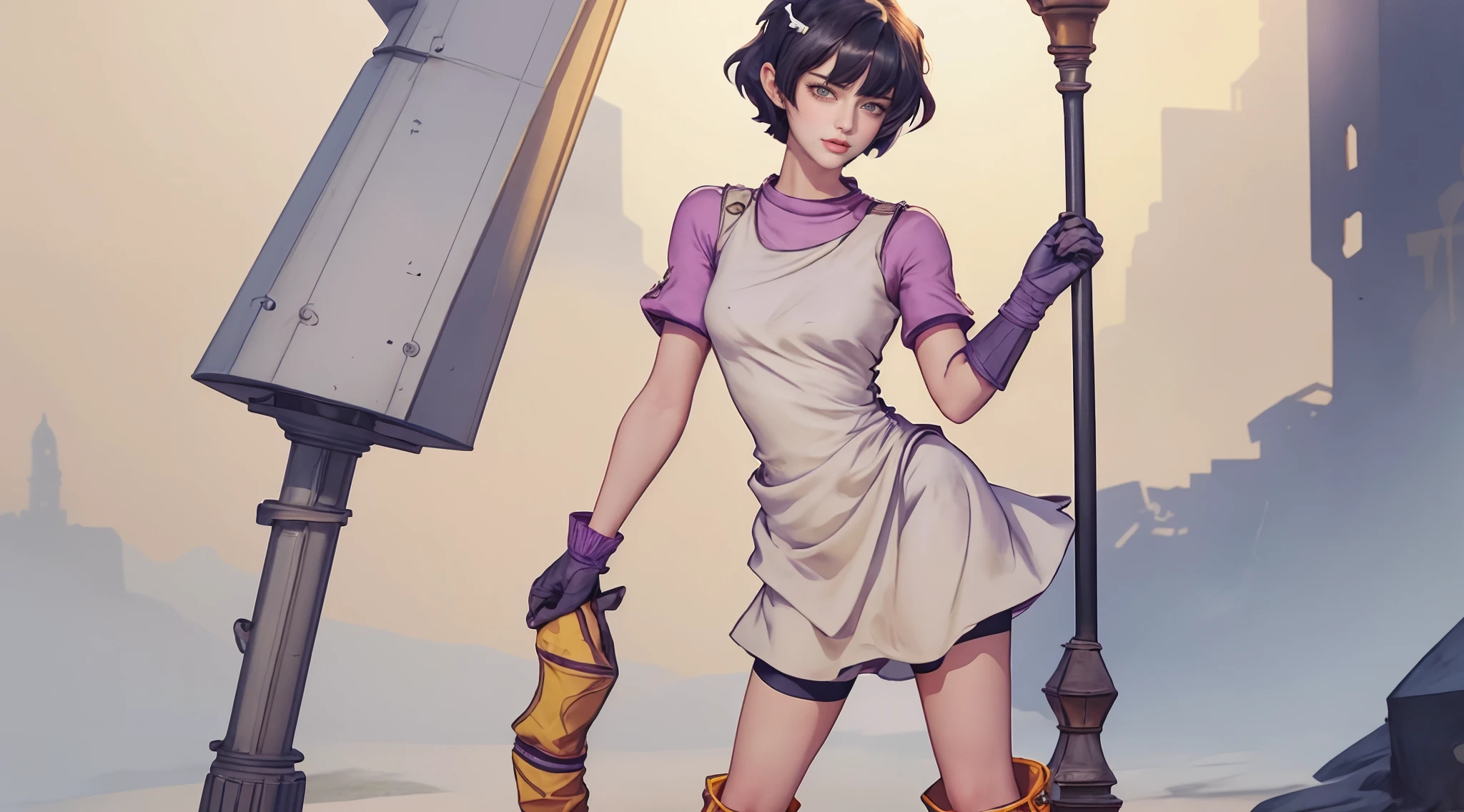 girl, (tomboy,bag:1.4), Fantasy,Desert Background,Thicc,Flat Chest,Bent Over,Very Short Hair,Fishtail Braids,(saffron Shirt,gray Bodycon skirt:1.3),Mario,Nail Polish ,(masterpiece,detailed,highres:1.4) <lora:shavings:0.8>