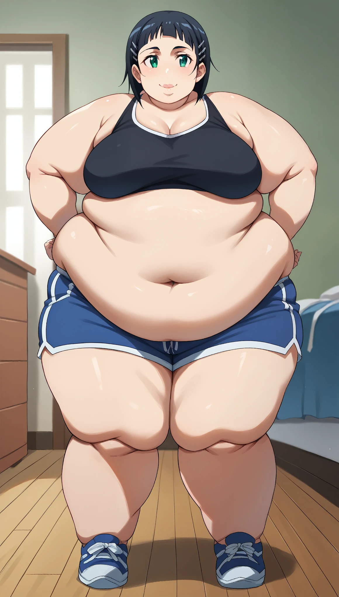 (masterpiece),((best quality)),perfect face ,((low light)), bedroom, Kirigaya suguha,(sword art online), mature woman, short hair, large breast,green eyes, hairclip, hair ornament, black hair, suguha kirigaya, black top, gym shorts, dolphin shorts, blue shorts, standing, front view, looking at viewer, close up , smile, fat, chubby, obese, full body shot, fat arms, fat legs, big lips 