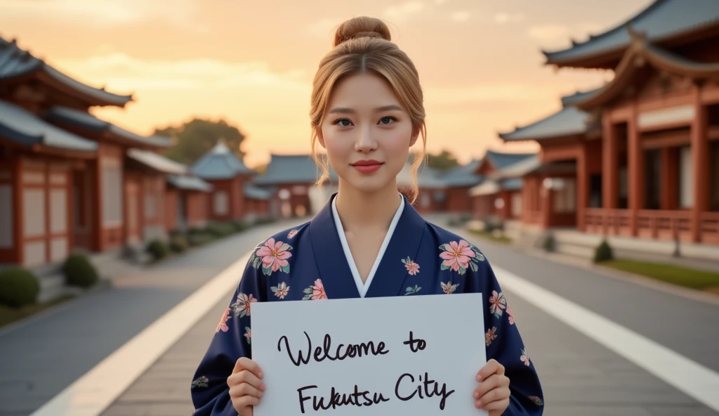 cowboy shot,   front view, Name is Lea Seydoux,  1 French woman, beautiful young England woman,  30-age, (golden hair, chignon , fringe, beautiful dark blue eye, smile), (C cup breasts, wide hip), ( Japanese traditional Dark blue Kimono, kimono's below  flower pattern , White obi with flower pattern ) , White board hold both hands, writing word "Welcome Fukutsu City" front Shinto shrine, The Road of Light , sunset,  , ((super detail, high details, high quality, accurate, anatomically correct, textured skin, beautiful fingers super detail, high details, high quality, best quality))