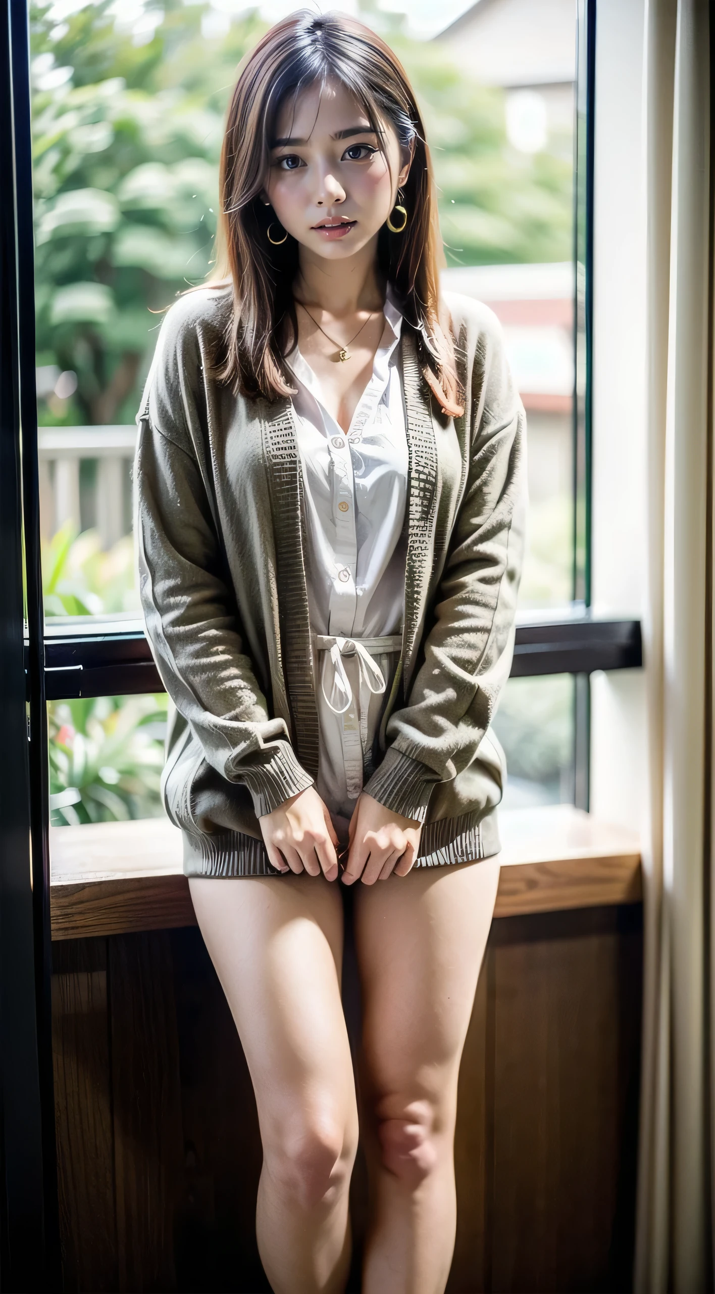 (((Pure and cute woman))), Her Room, (Wearing a fluffy white wool cardigan:1.4), Standing by the window,Backwards, ((I can see your underwear:1.5)), Bra＆Panties exposed, Beautiful medium long hair, bangs, Beautiful Eyes, Ultra-high resolution, ((細いThighs:1.3, Thighs:1.4)), Slender body line, ((Narrow waist:1.2)), (Japanese Idols, baby face, beautiful girl), (Perfect Anatomy:1.2), Beautiful breasts, Larger than medium sized breasts、Nipples become erect, (Best Quality、Best Quality、masterpiece、Ultra-high resolution、reality:1.37), (Detailed eyes and face:1.3、Professional Photography)、(Good move..、Right Action:1.1)、((Long legs))、Earrings、necklace、Apple Watch、From below