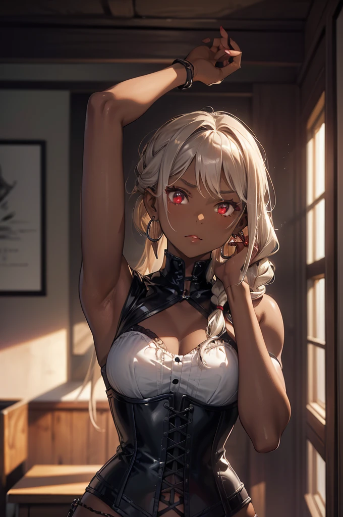 (masterpiece:1.2、Best Quality、masterpiece)、1 female、Lonely、classroom、null、standing、Silver、blonde、ponytail、Braids、Glowing red eyes:1.5、(rc:1.4)、(Dark Skin Tone:1.4)、Large Breasts、Place your hands behind your head、corset、Hoop Earrings、lipstick、I&#39;m sweating a lot、ring necklace、Hair ties、、Cover the breasts、前髪Braids、(Thick lips:1.2)，Crazy breast swelling、Stylish accessories、Eyeshadow、Cheek、lip、分Thick lips、(((Ultra dynamic angle:1.5))),Stylish hairstyle、Curly hair,Shoulder Bare,Stylish accessories,(((tanline:1,5)))、Stylish ribbon,The afterglow of his eyes、