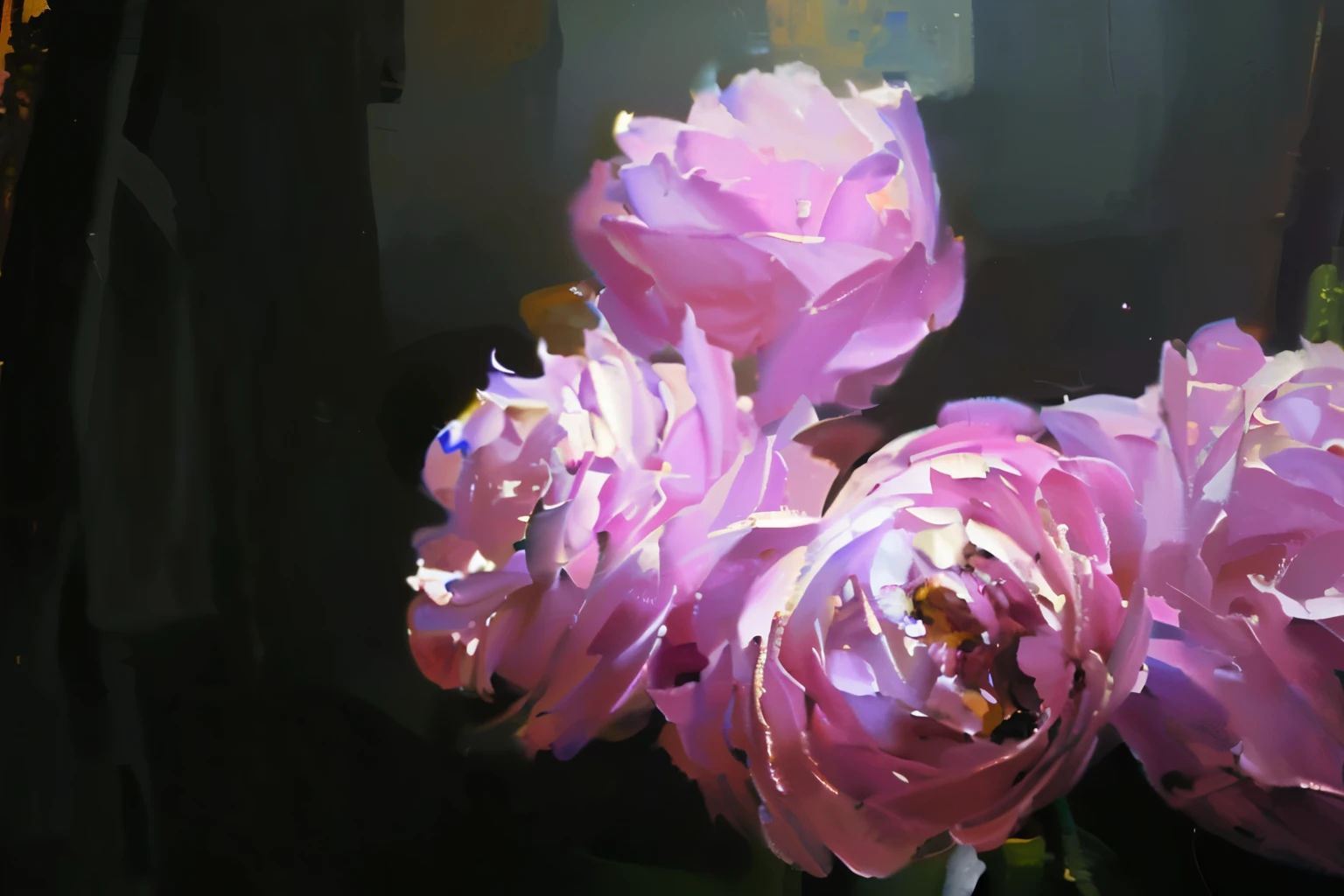 author：Sargent, (painting画, masterpiece, colour art, Professional Impressionism, Super complex and detailed, painting，8k:1.3)，Strong light，Sunlight，Magenta flowers，Four flowers features，Simple background