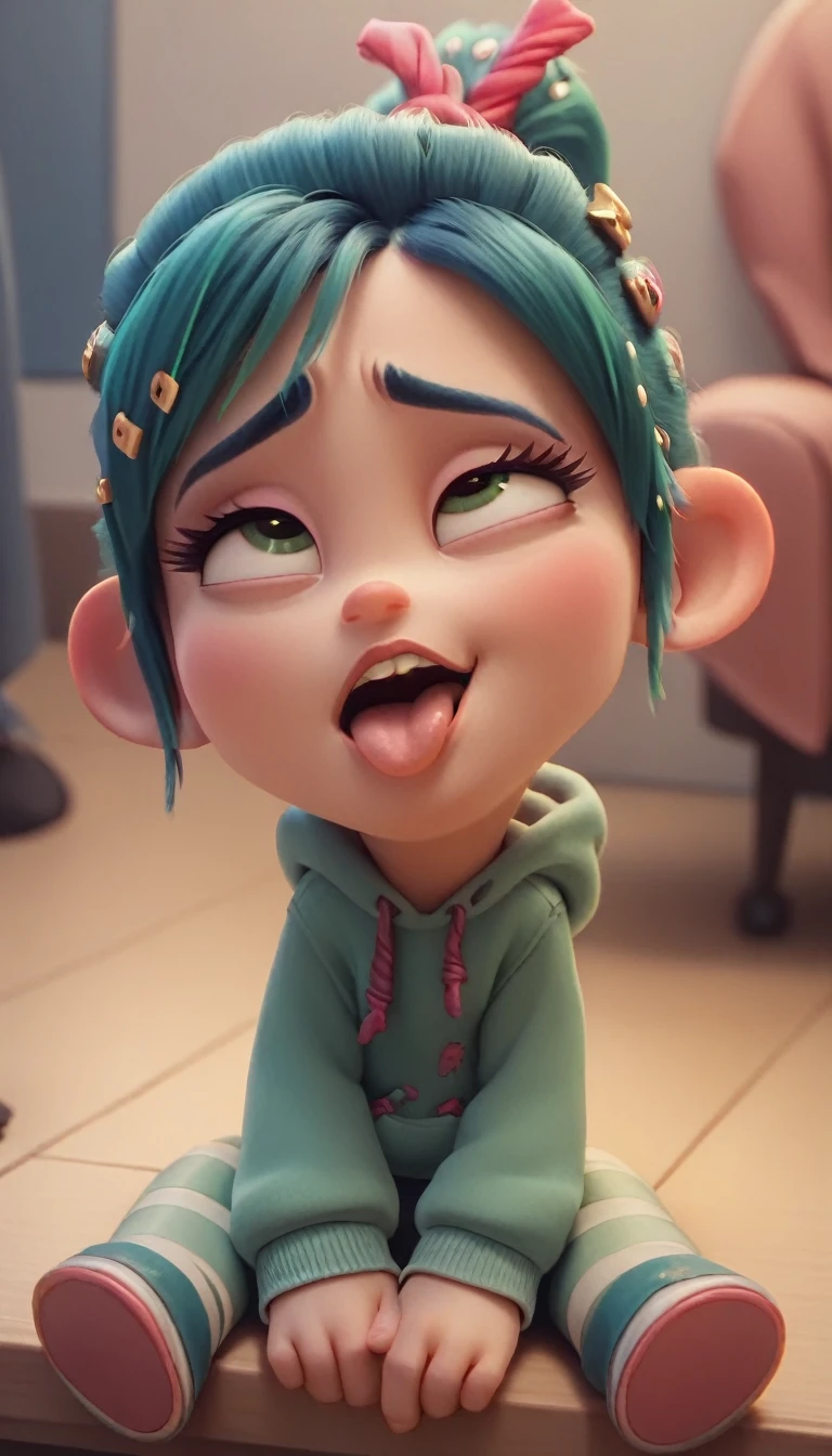 Vanellope, sitting, gazing at viewer, front, ahegao, room, best qualityer, no flaws, perfect strokes 