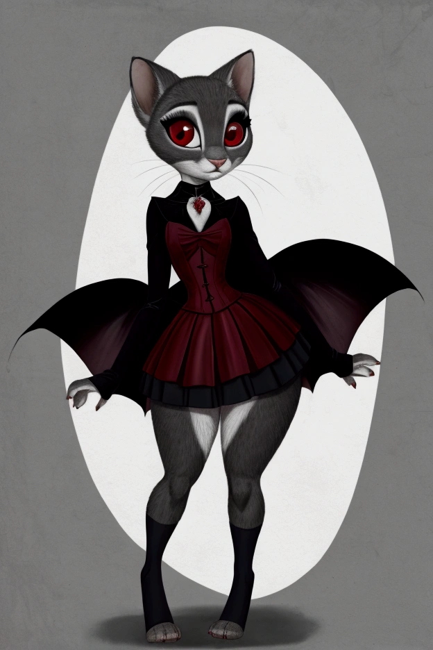 Little slim female vampire kitten with nice big thighs and black and white fur and cute red eyes and she is wearing a short dress with a full body mini skirt and she is a vampire..