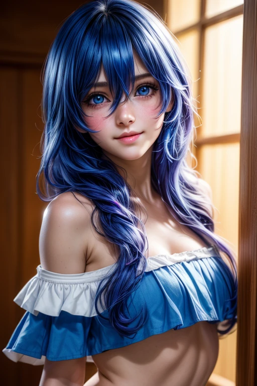 (best quality: 1.2), (high resolution, 4k, 8k), (masterpiece: 1.2), ultra detailed, (realistic, photorealistic: 1.37), yoshino astral dress, (long hair, hair between the eyes, blue hair), Embarrassed Face, blushing, cinematic lighting, (big beautiful blue eyes, bright and realistic), visible features, natural cheek, fair skin, soft lips, smile, teeth, (detailed face with perfect symmetry) , highly detailed facial and skin texture, medium breasts, glowing skin, perfect anatomy, perfectly shaded body, (Cropped: 1.5), Off-the-shoulder neckline, shorts, fishnet stockings, sensual movement, full photo below