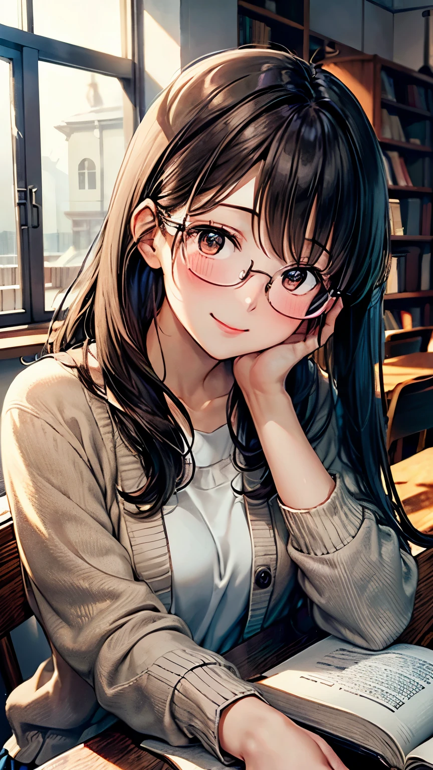 (masterpiece, best quality:1.4), 8k, Brunette Straight Hair, Hair Band, Glasses, Young adult, anime girl, smile, light Blue Eyes, medium chest, Casual Outfit, blue sweater (detailed eyes and face, sharp pupils, realistic pupils:0.6)