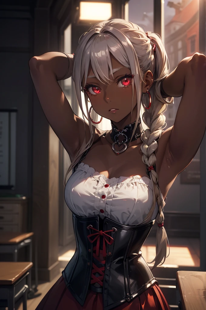 (masterpiece:1.2、Best Quality、masterpiece)、1 female、Lonely、classroom、null、standing、Silver、blonde、ponytail、Braids、Glowing red eyes:1.5、(rc:1.4)、(Dark Skin Tone:1.4)、Large Breasts、Place your hands behind your head、corset、Hoop Earrings、lipstick、I&#39;m sweating a lot、ring necklace、Hair ties、、Cover the breasts、前髪Braids、(Thick lips:1.2)，Crazy breast swelling、Stylish accessories、Eyeshadow、Cheek、lip、分Thick lips、(((Ultra dynamic angle:1.5))),Stylish hairstyle、Curly hair,Shoulder Bare,Stylish accessories,(((tanline:1,5)))、Stylish ribbon,The afterglow of his eyes、