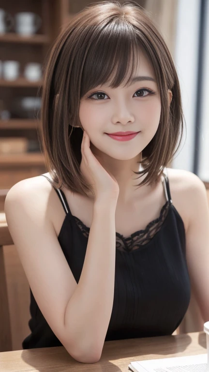 A beautiful Japanese shy girl, age 18 years old, short brown hair, brown big eyes, shiny lip, shiny hair, ecstatic expression, wearing off shoulder front button black one piece cloth, The background is very blurry, wearing high heels, A photo showing the whole body, in front of huge window,