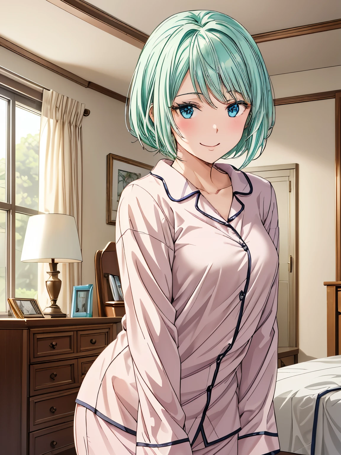 Best Quality,Otome、One Girl、(Anime illustration style),mjurran、Myulan、Green Hair、Shortcuts、Beautiful attractive blue eyes、Very detailedな顔、smile、pajamas、indoor、(bet、A lovely Western-style room:1.3)、Standing、ショートパンツのpajamas、Hands behind head、Sharp pupils、High resolution、 super fine painting,、( Very detailed、color、Sparkle)、(Genuine、Real、 Realistic:1.3)、