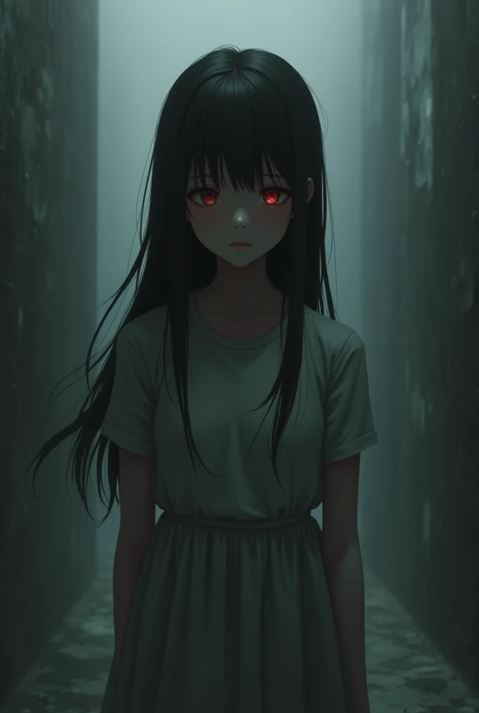 Creepy Korean woman with a strange visage, zombie-like stunningly beautiful, sitting within a nightmarish, deteriorating experimental facility, with dark black hair featuring full, straight bangs, red glowing eyes that pierce the soul, dressed in a short ensemble, her expressionless gaze seemingly inviting with a macabre allure, amidst a backdrop of decaying bodies, dark manga influence