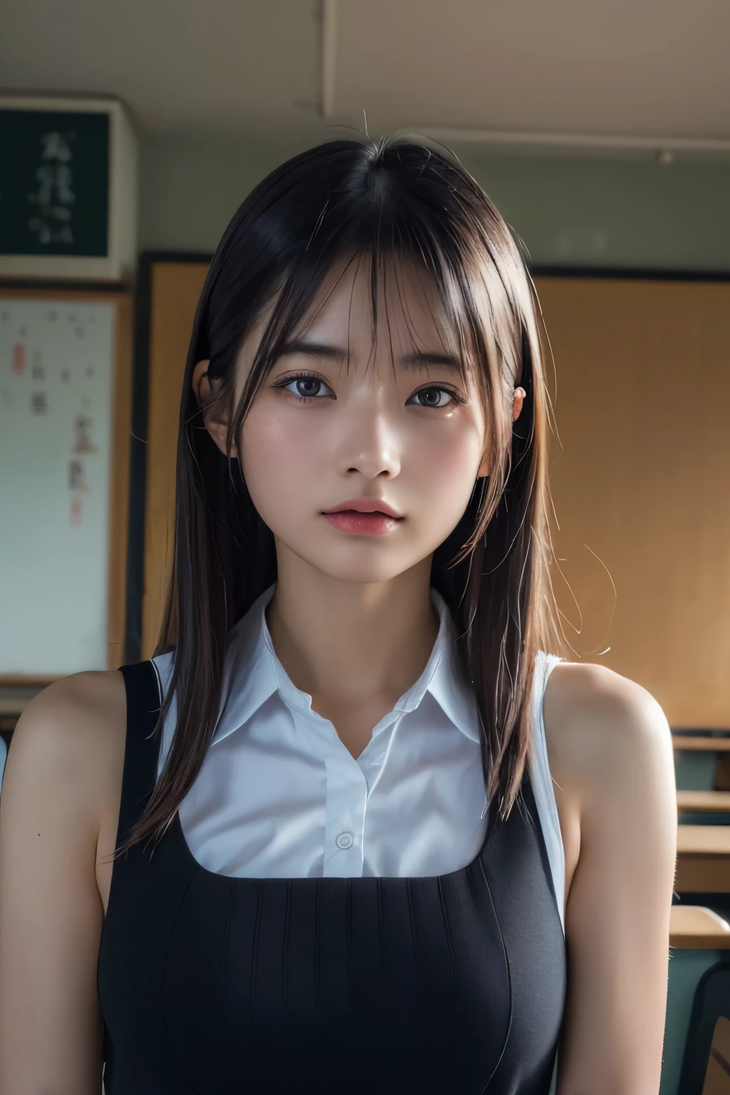 (best quality:1.4),(masterpiece:1.4),(photorealistic:1.4),(Realistic:1.2),(ultra high res, raw photo:1.4),(hdr, hyperdetailed:1.2),(8K:1.2),cinematic photo,photo of black hair,1girl,solo,wearing student uniform,((Japanese classroom))、((Upper Body:1.3))