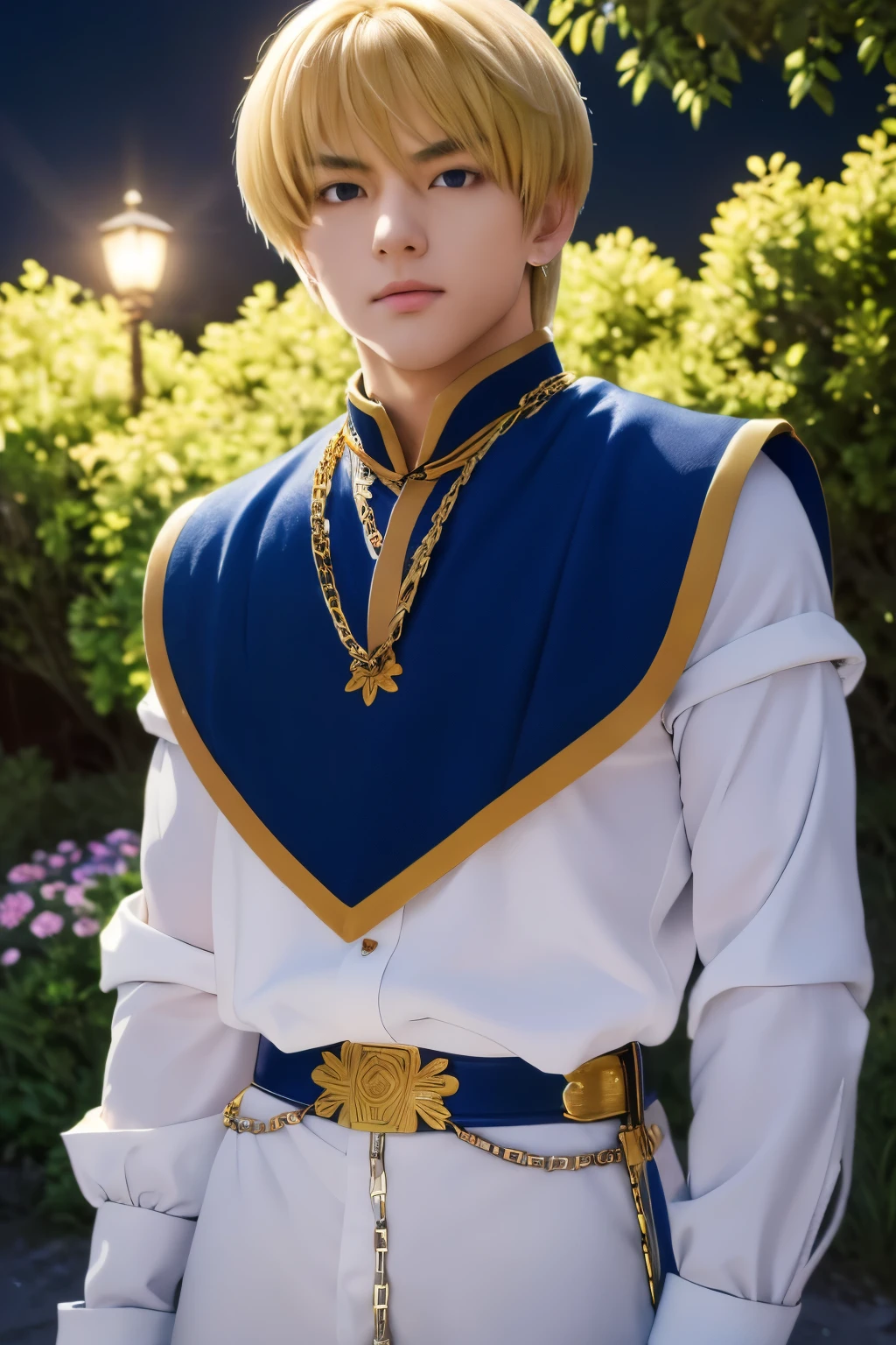 1boy, masterpiece, realistic, absurdres, best quality, high resolution, Kurapika, japanese boy, very handsome, perfect face, cute face, intricate detail, clear and beautiful detailed eyes, messy blonde short hair, shiny hair, bangs, blue tabard, white shirt, white pants, gold trim, holdig a chain, chains flying, slim muscular, handsome muscle, detailed skin, perfect hand, good anatomy, looking at camera, action scene, dynamic pose, fantasy, night, tree, Moonlight at night, wilderness, flowers, skynight, studio lighting, soft light, upper body portrait, front view, Professional photography, 8K UHD,