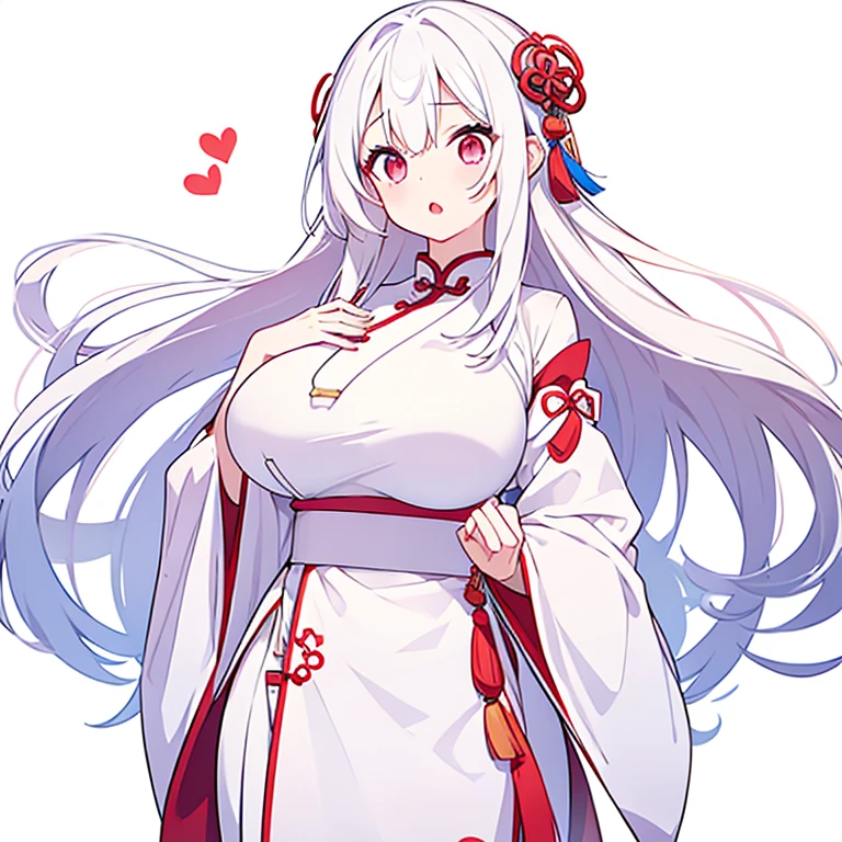 (Pure white background)、Chinese clothing、Large Breasts、Mouth open、tachi-e、Standing still、Hands behind back、Long white hair