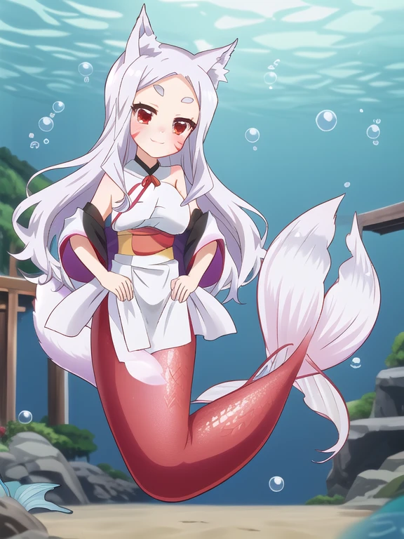 fate mermaid Shiro (Sewayaki Kitsune no Senko-San), tall, mature, long white hair, long straight hair, red eyes, fox ears, large breasts, underwater sea, bubble airs, smile, red blush, looking at viewer,