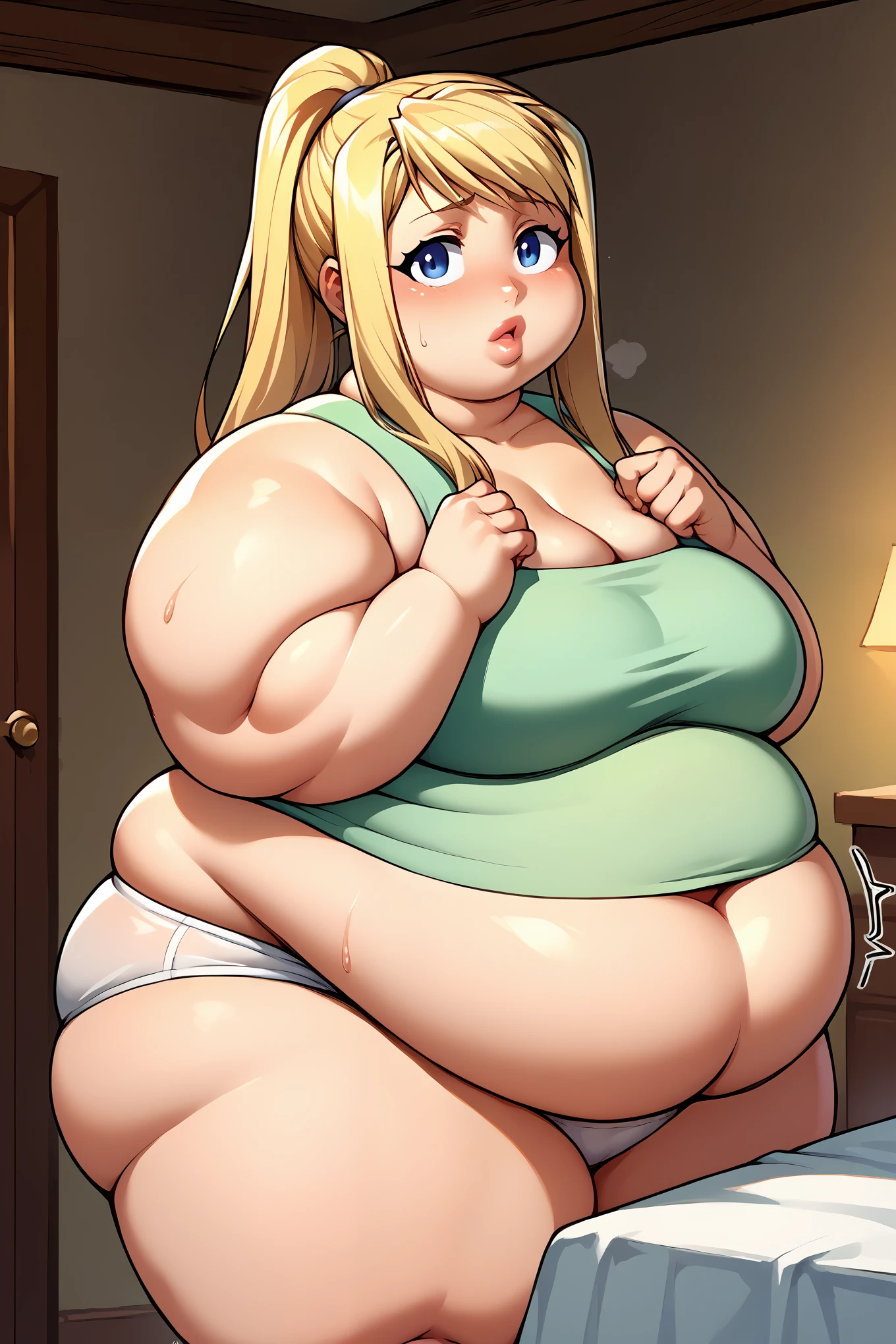 score_9, score_8_up, score_7_up, score_6_up, source_anime BREAK 1girl,  winry rockbell, ponytail, bedroom, green tank top, white panties, looking at you, sweaty, wet, fat, chubby, obese, big lips, fat arms, fat legs, struggling to walk, trembling