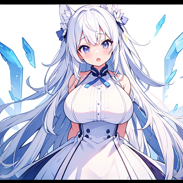 (Pure white background)、suit、Large Breasts、Mouth open、tachi-e、Standing still、Hands behind back、Long white hair