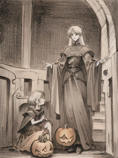 (masterpiece, highest quality, very detailed: 1.5), black and white, ((sepia)), ((pencil drawing)), fantasy, medieval europe, art nouveau, western art, (gothic ta fashion),(((Girl wearing a pumpkin,on))),((Halloween)), children wearing pumpkins, candy bags, gothic ta costumes, moonlit night, night city,