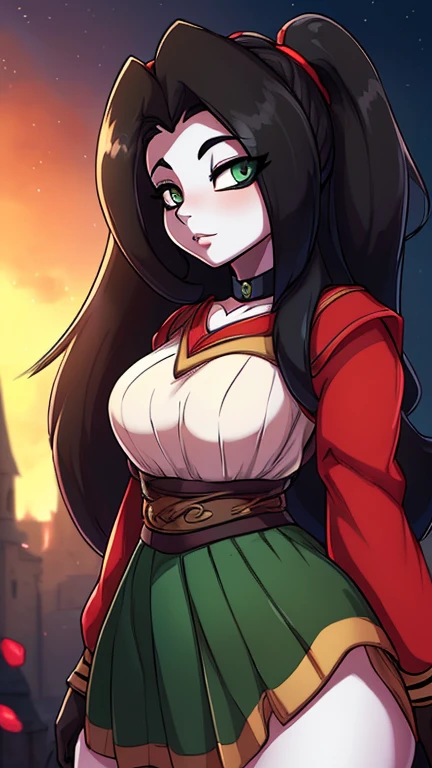 ((ultra quality)), ((Masterpiece)), pandaren girl ((Black long hair)), (Beautiful face), (beautiful female lips), charming, looks at the camera, eyes slightly open, (dark skin color), (dark skin), glare on the body, ((detailed beautiful female eyes)), (rosy big eyes), (juicy female lips), (dark eyeliner), (beautiful female hands), ((Ideal female figure)), Ideal female body, beautiful waist, gorgeous thighs, beautiful medium breasts, ((subtle and beautiful)), Sexy stance (), (fantasy medieval clothing, wearing a dark green sweater with white trim, dark green skirt with white trim, dark green choker) background: fantasy night city, ((depth of field)), ((high quality clear image)), (clear details), ((High detail)), realistically, professional photo session, ((Clear Focus)), anime