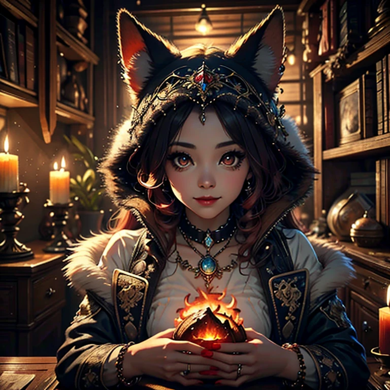 Walk in an apocalypse setting, [Best quality, shaded, extreme details, very detailed, ultra detailed, complex, realistic, perfect face], fenrir woman, thick fur, long hair, (flaming red colored fur), almond shaped eyes, discreet smile, serene face, wears a brooch around his neck, demon style clothing.