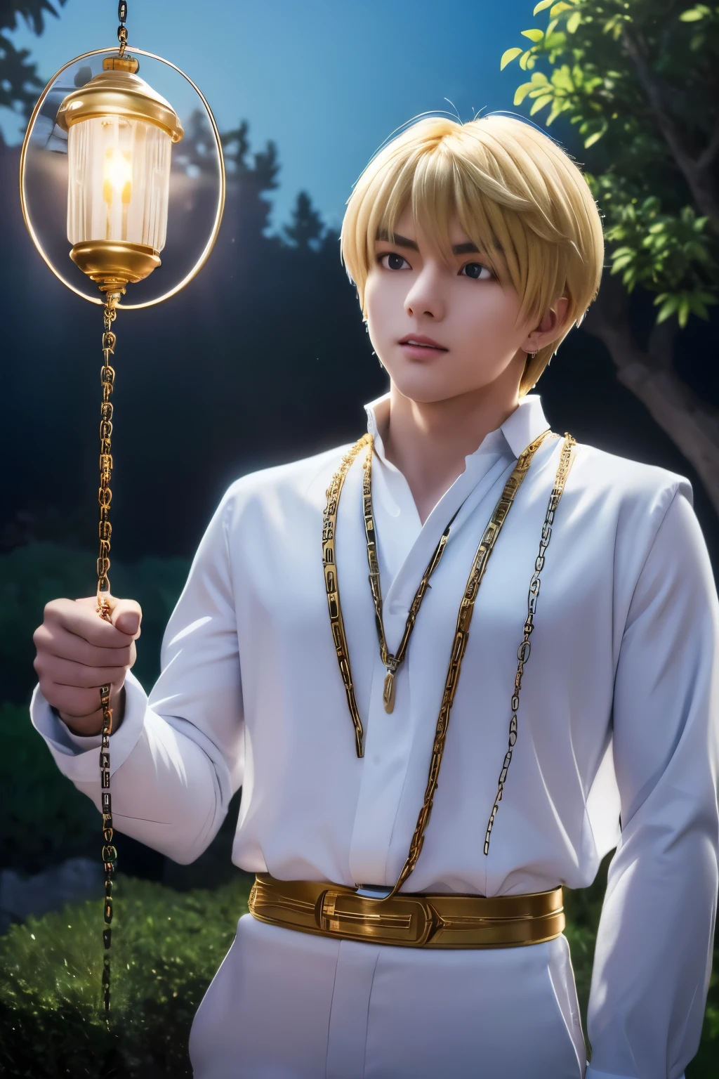 1boy, masterpiece, realistic, absurdres, best quality, high resolution, Kurapika, japanese boy, very handsome, perfect face, cute face, intricate detail, clear and beautiful detailed eyes, messy blonde short hair, shiny hair, bangs, blue tabard, white shirt, white pants, gold trim, holdig a chain, chains flying, slim muscular, handsome muscle, detailed skin, perfect hand, good anatomy, looking at camera, action scene, dynamic pose, fantasy, night, tree, Moonlight at night, wilderness, flowers, skynight, studio lighting, soft light, upper body portrait, front view, Professional photography, 8K UHD,