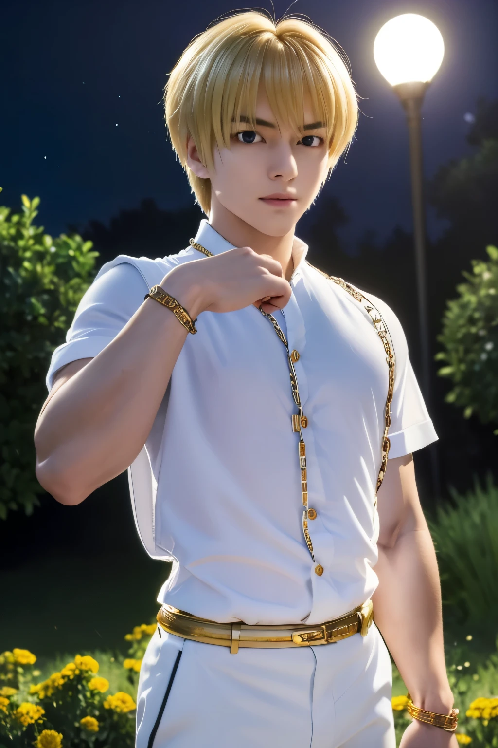 1boy, masterpiece, realistic, absurdres, best quality, high resolution, Kurapika, japanese boy, very handsome, perfect face, cute face, intricate detail, clear and beautiful detailed eyes, messy blonde short hair, shiny hair, bangs, blue tabard, white shirt, white pants, gold trim, holdig a chain, chains flying, slim muscular, handsome muscle, detailed skin, perfect hand, good anatomy, looking at camera, action scene, dynamic pose, fantasy, night, tree, Moonlight at night, wilderness, flowers, skynight, studio lighting, soft light, upper body portrait, front view, Professional photography, 8K UHD,