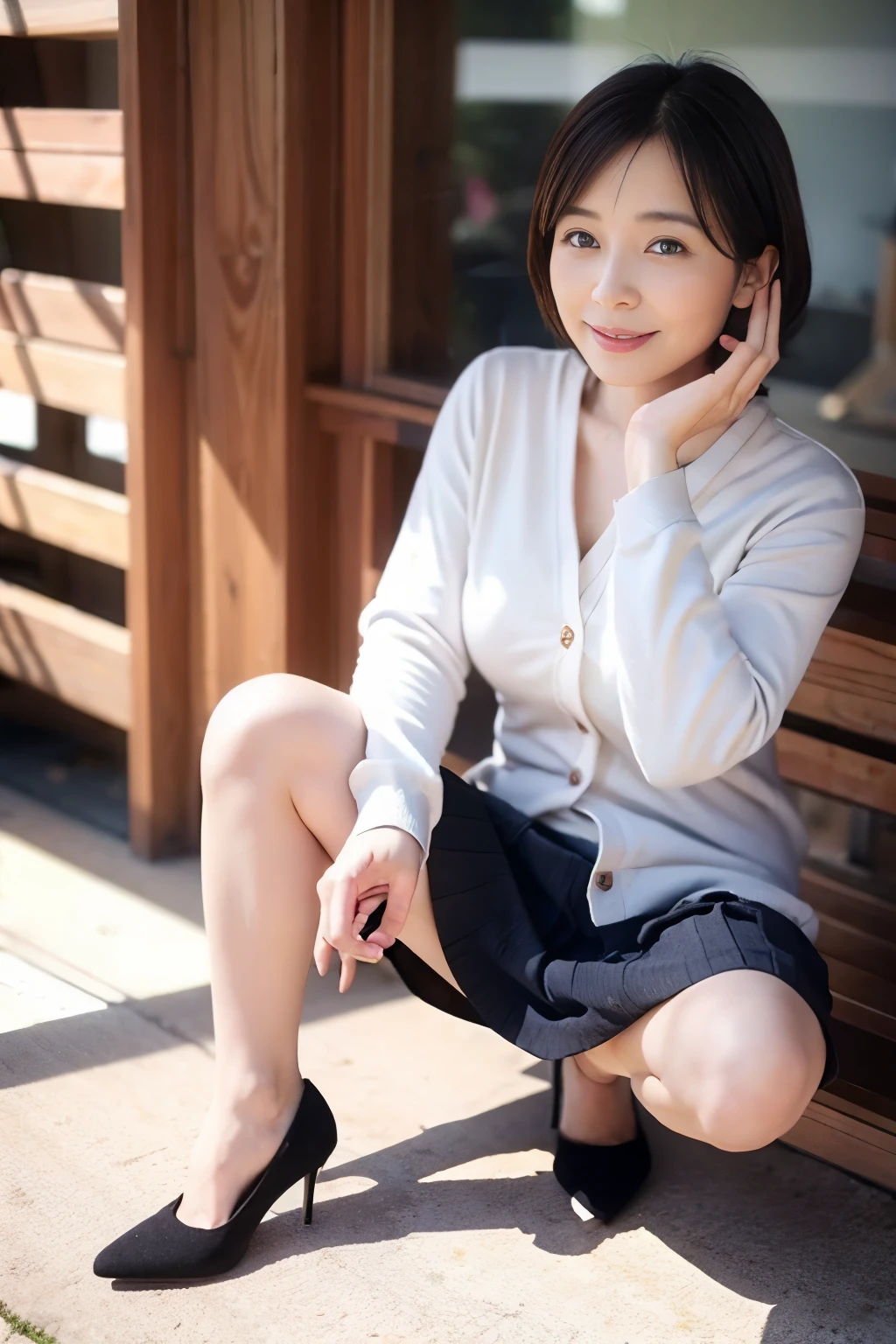 日本人 Mature Woman, 50 years old, (Wrinkles around the eyes:1.2), Mature Woman,, thin(White shirt:1.1)、Wrinkled、smile、Have a conversation、Black Hair(cardigan:1.2)classroom、School、gentlemen、teacher、Small breasts、Cross-eyed(slender:1.2)skirt、(ミニskirt:1.2)(skirtをめくる:1.4)(squat:1.3)(High heels:1.1)Inner thighs