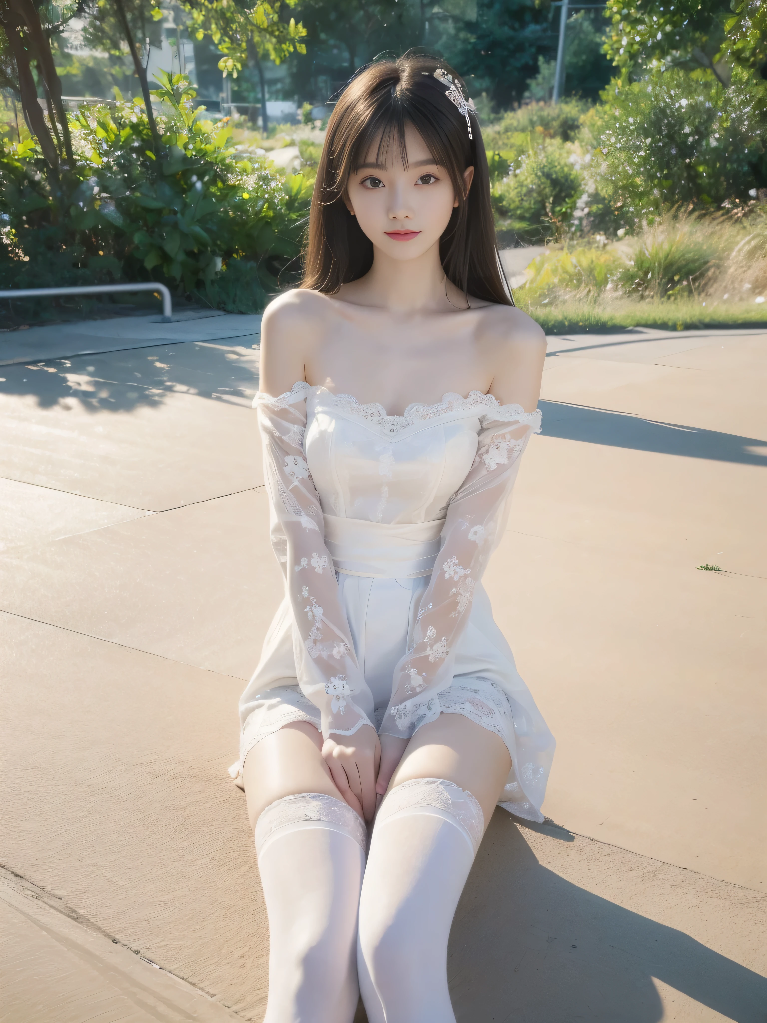 masterpiece, Best quality, Very detailed face,1 beautiful young girl,Solitary,White thin lace stockings,Sitting cross-legged on the ground,Perfect body proportions,Long hair,Slim figure,Legs apart,Simple background,Small amount of clothes,Off-shoulder,Show your arms,Waist,Smile