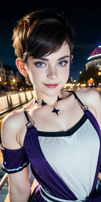 Photo of a  European girl, .RAW, beautiful woman,freckles on cheeks and chest ,beautiful blue eyes(Light brown hair pixie haircut),pixie hair cut ((portrait)), ((detailed face:1.2)), ((Detailed facial features)), (finely detailed skin), Pale skin,park, london ferris wheel、Purple sleeveless t-shirt with skull image  , lilac skirt with checkered images, Loose white belt, Long boots with heels ,cute makeup, Purple eyeshadows on eyelids ,a sexy one(cool color), humid, humid, Reflectors, (Tabletop) (perfect proportions)(Realistic photos)(The best quality) (detailed) photographed with a Canon EOS R5, 50mm lens, f/2.8, NffSW, (8k) (wallpaper) (cinematic lighting) (Dramatic lighting) (Sharp focus) (Convoluted) Nice smile , happy , playing electric guitar , medium breasts , freckles on the face and chest , beautiful age model  , fashion  , sombra de ojos color morado , tiene pecas en la cara , ltiene ropa de invierno , nieve , parque nevado , atardecer , jardín 