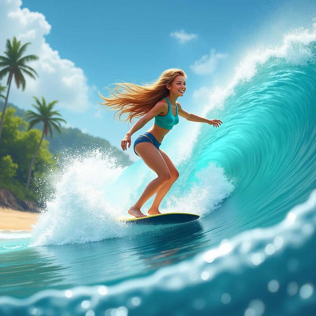 a portrait of a bride surfing the waves, on a sunny day in ocean, an exotic beautiful bride,   ((anatomically correct: 1.5)) ultra detailed face, dynamic hair color, dynamic hair style, dynamic skin complexion, (best detailed face: 1.5), busty wearing intricate, elegant bride's dress, glamour bride dress, barefoot, she is surfing an (surf board: 1.3) she surfs a massive wave, sunny day, sun rays, some clouds, wavy ocean background, vibrant, Ultra-high resolution, High Contrast, (masterpiece:1.5), highest quality, Best aesthetics), best details, best quality, highres, 16k, (ultra detailed: 1.5), masterpiece, best quality, (extremely detailed) RAW, (ultra details, Masterpiece, best quality), Dark Art Painting Style, princess dress