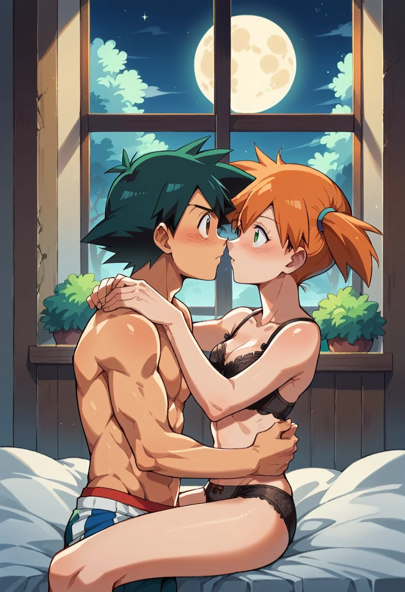 1boy, black hair, short hair, brown eyes, hair between eyes, ash ketchum, shirtless 1girl, orange hair, side ponytail, green eyes, misty pokemon, photograph of a 18 years old couple naked, inside a beach house, at night, starry night with a full moon, without light in the bedroom, silhouettes, they're showing off their love and affection for each other, they're caressing, intimacy, erotic moment, having sex, penetration, straddling, upright straddle, groans, moans, climax, cum