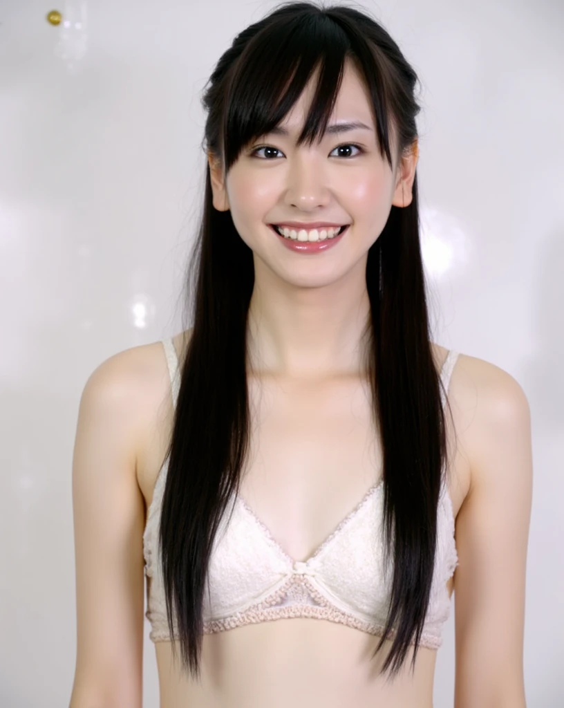 (Flat Chest)、Cute Smile、(((Full nudity、Nipples、pussy)))、(Black-haired, bangs:1.5,Low Twintails：1.5、Straight hair),White background、Wet Hair