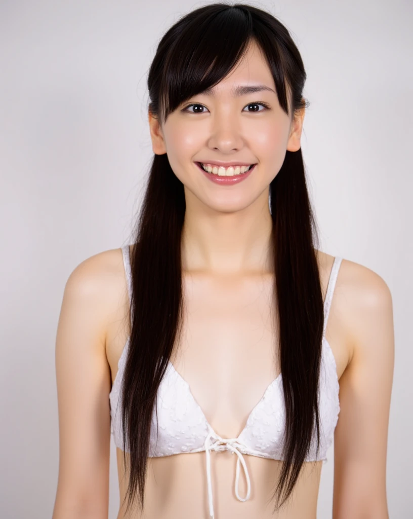 (Flat Chest)、Cute Smile、(((Full nudity、Nipples、pussy)))、(Black-haired, bangs:1.5,Low Twintails：1.5、Straight hair),White background、Wet Hair