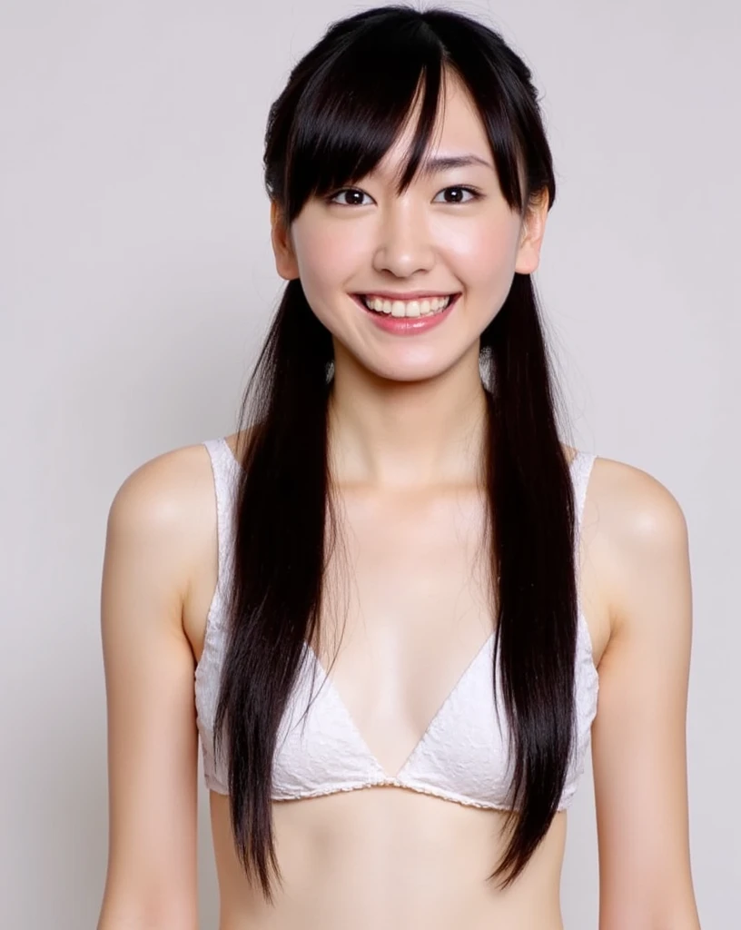 (Flat Chest)、Cute Smile、(((Full nudity、Nipples、pussy)))、(Black-haired, bangs:1.5,Low Twintails：1.5、Straight hair),White background、Wet Hair