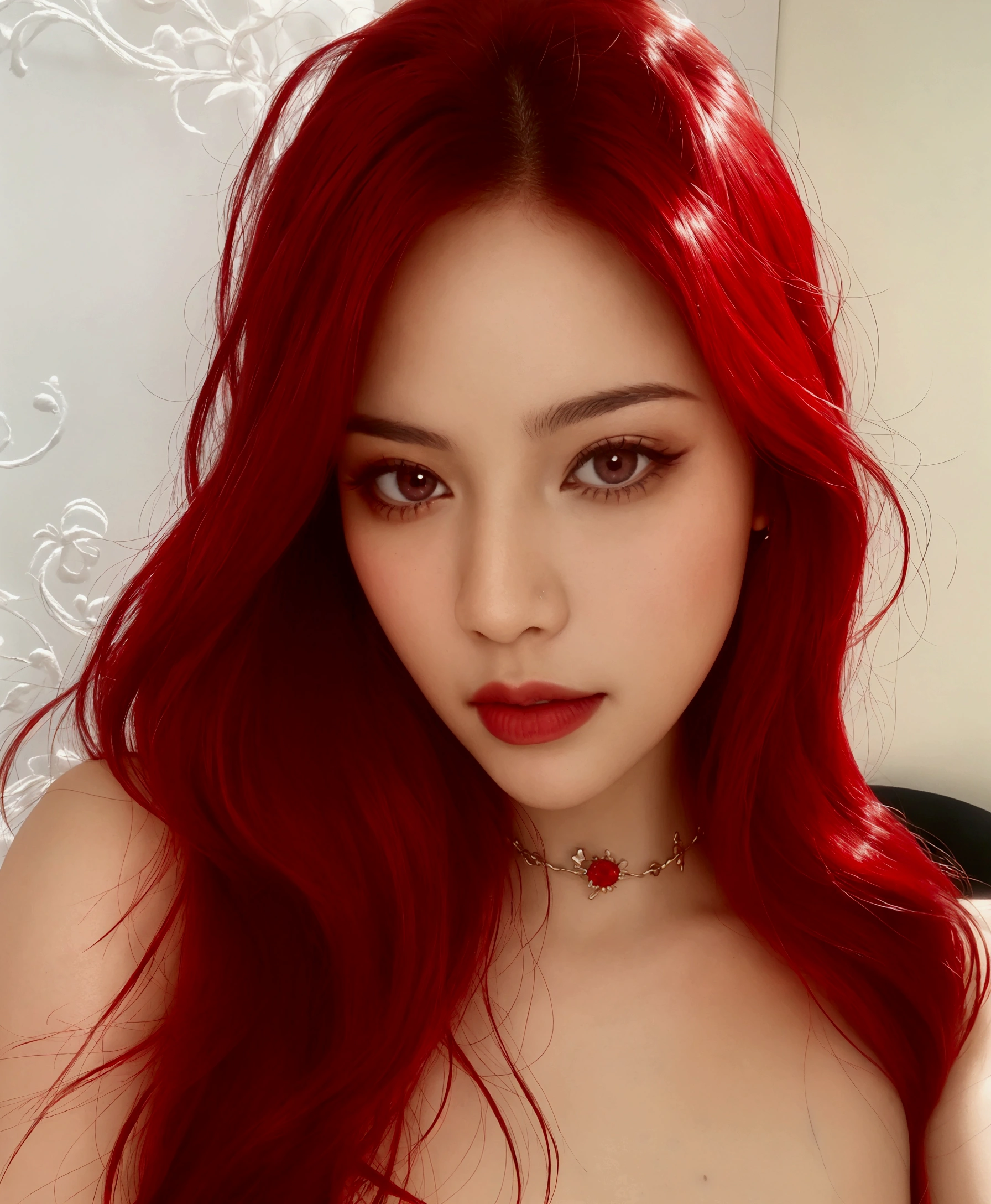 a close up of a woman with red hair and a tattoo on her arm, finger con her lips, red wig, red dyed hair, amouranth, with red hair, ig model | artgerm, with long red hair, red colored, red hair and attractive features, crimson red hair and red eyes, red hair, pale red, fiery red, she has red hair, red head, Jennie Kim, Jennie, big 