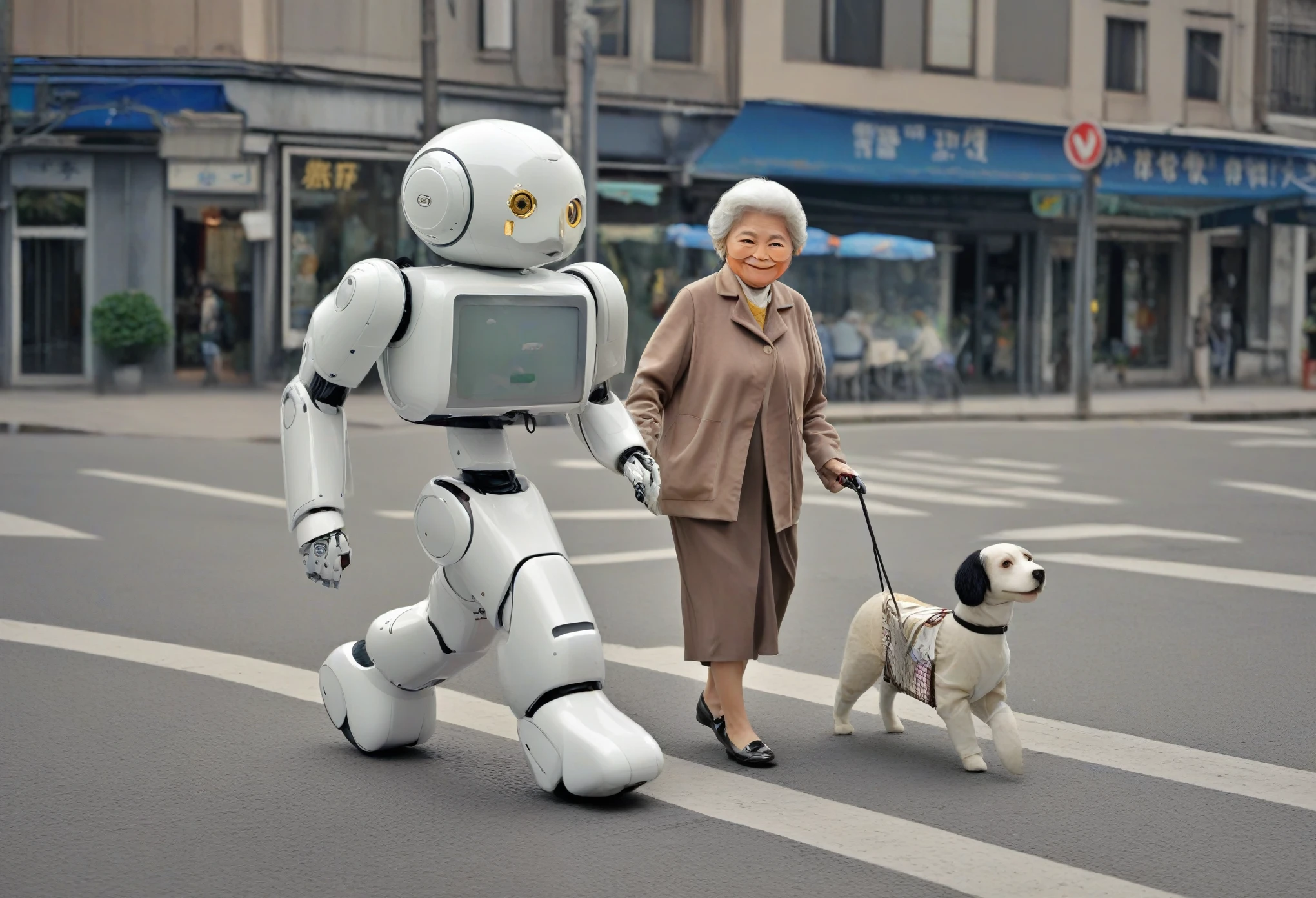 A lady was walking with a dog and a, Take a walk with, Woman and, doll, Friendly, Robot Dog, 最先进的doll, doll, Robot Dog, Wearing her human mask, Friendlydoll, Friendly, Old lady businessman, Waiter holding a basket of vegetables，Carrying a vegetable basket