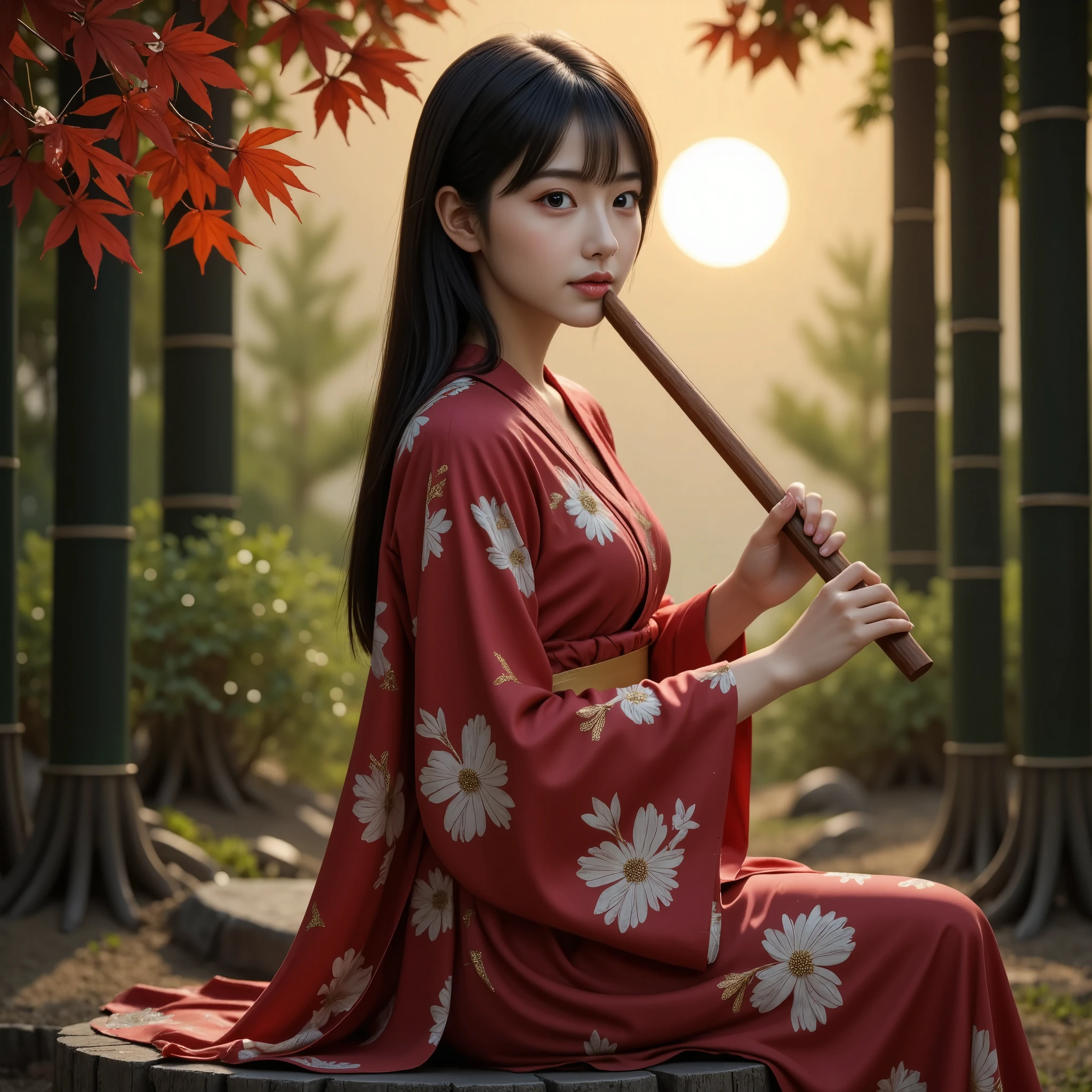  A beautiful young Japanese woman plays a wooden flute, cute, Princess Kaguya, Beautiful straight long black hair,　(She is wearing a beautiful red luxurious kimono,A kimono with a white and gold Japanese-style flower pattern on a red fabric, Very neat), A cute face like an idol, Large eyes with double eyelids, Fantasy art, Realistic, moving lighting, Art Station, Poster, Volumetric lighting, The face is very detailed, 4k Award Winning,  Deep Shadow, Beautiful silhouette, Modest, (Sitting on a stump, whole body:1.2) , (very beautiful、A full moon in the gaps between a fantastical bamboo forest and autumn maple leaves:1.2), (masterpiece, best quality:1.2),　
