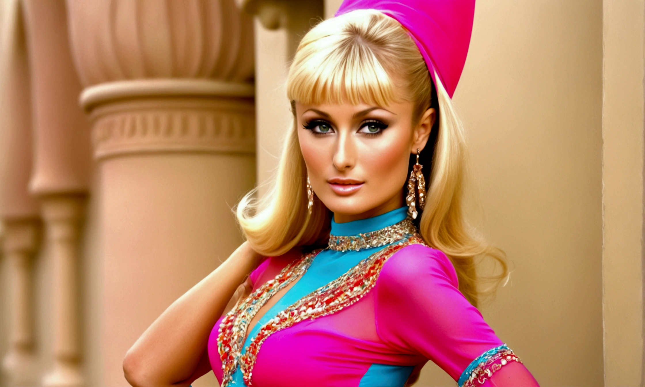 Jovem Barbara Eden, vestida como Jeannie, colete vermelho, top cor de rosa, red hat, natural green eye iris, detalhes intrincados, highes definition